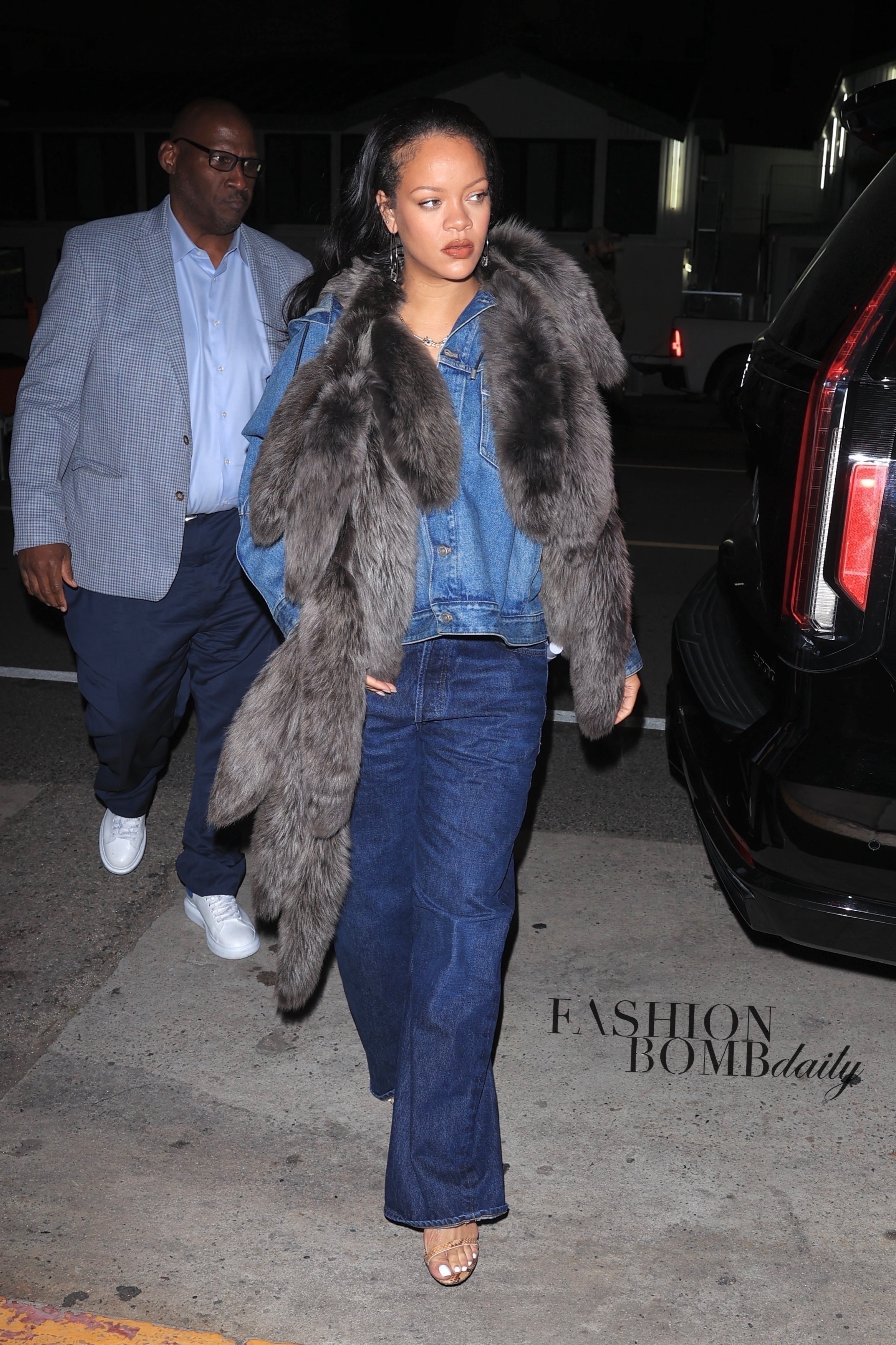 Rihannas Giorgio Baldi Dior Hooded Denim Jacket Agolde Dame Jeans And A Bottega Veneta Tails Scarf