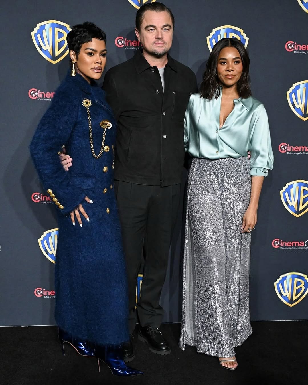 Teyana Taylor Wore A Navy Schiaparelli Coat Alongside Leonardo DiCaprio And Regina Hall In A Teal Vince Top And Tom Ford Sequins Pants While Promoting One Battle After Another 1