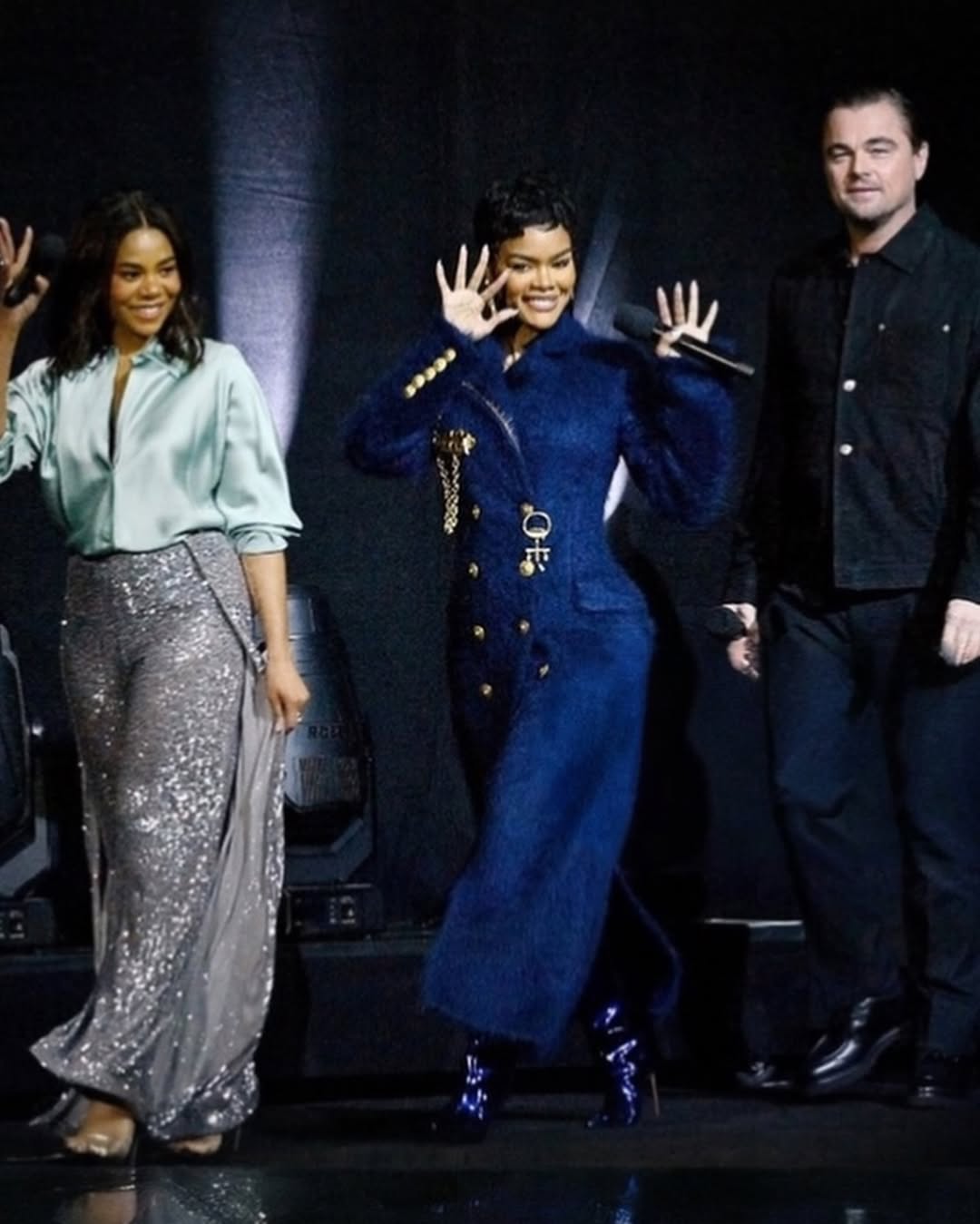 Teyana Taylor Wore A Navy Schiaparelli Coat Alongside Leonardo DiCaprio And Regina Hall In A Teal Vince Top And Tom Ford Sequins Pants While Promoting One Battle After Another 6