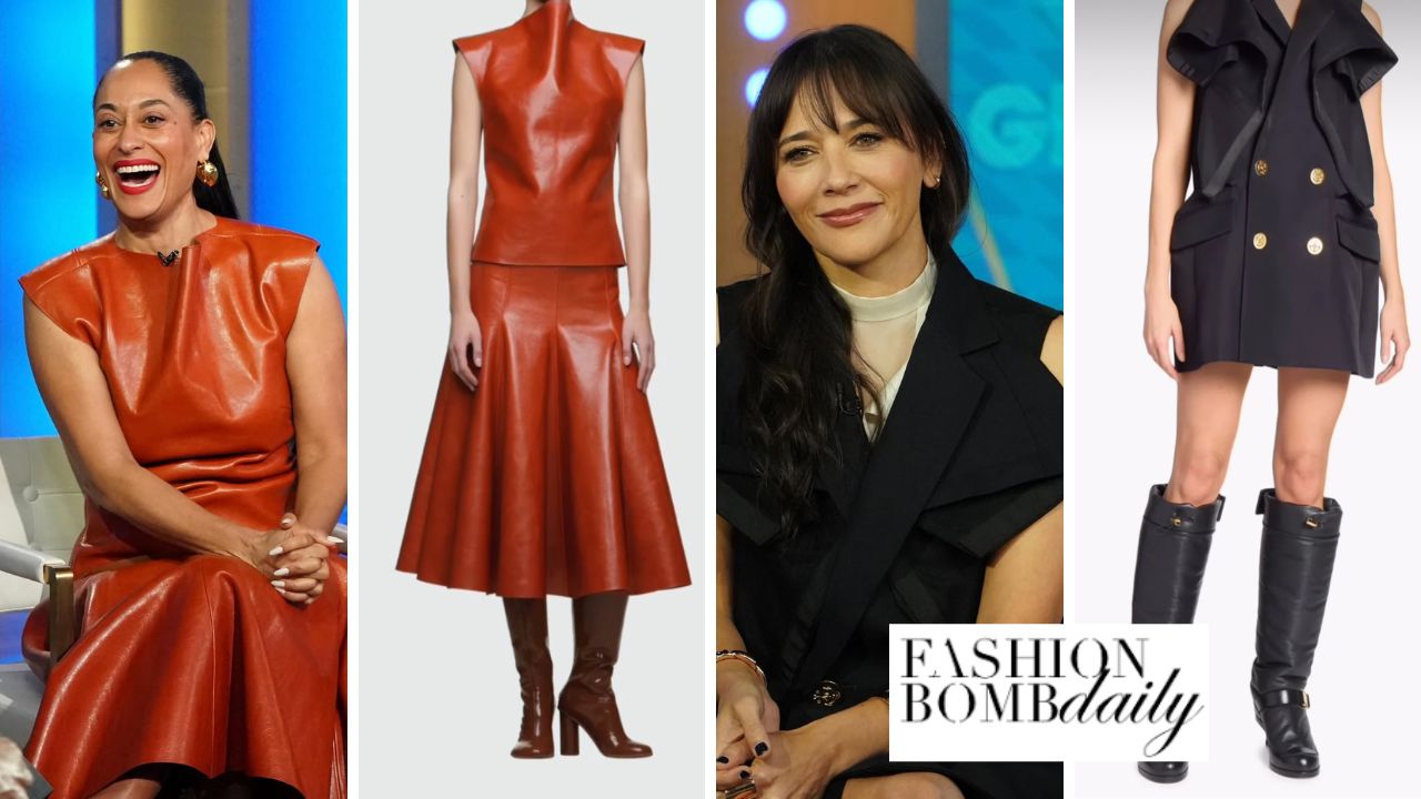 Tracee Ellis Ross Wore A Cognac 1670 Brown Entire Studios Leather Look Alongside Rashida Jones In A Black 2205 Sacai Vest On Good Morning America 2 2