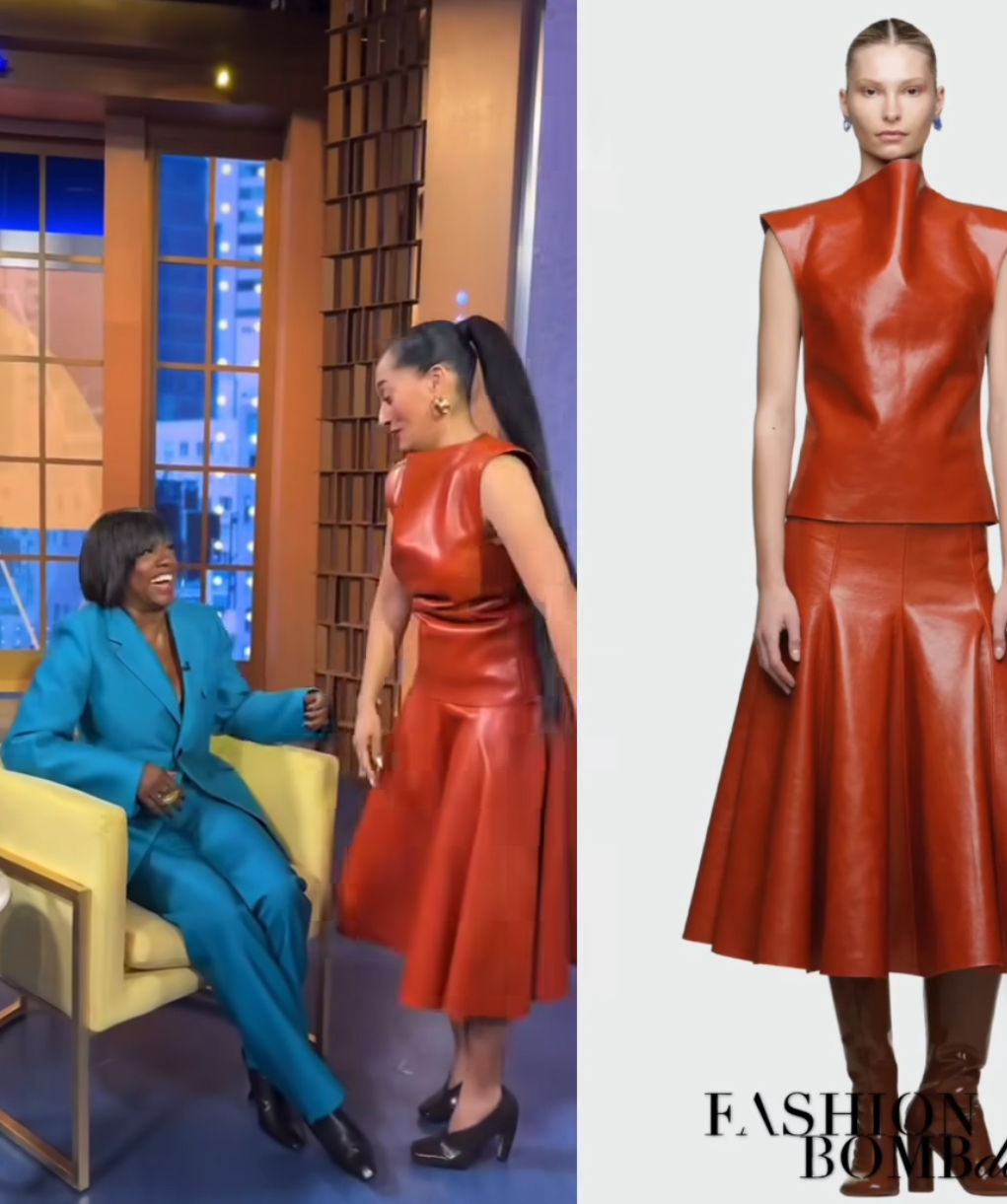 Tracee Ellis Ross Wore A Cognac 1670 Brown Entire Studios Leather Look Alongside Rashida Jones In A Black 2205 Sacai Vest On Good Morning America 5