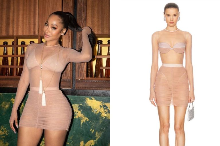 You Ask, We answer! LaLa Celebrated in a Nude Sheer Alex Perry Mesh Top and Mini Skirt