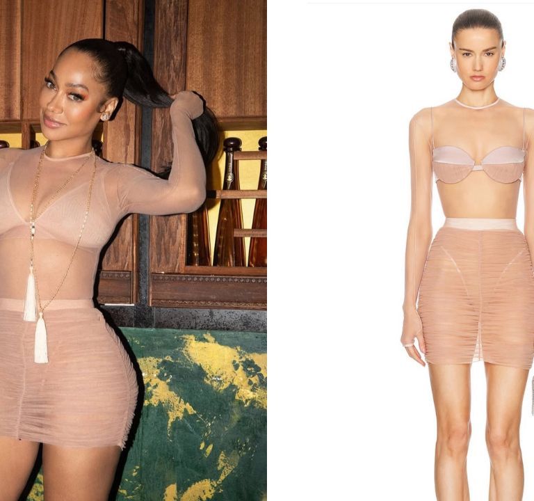 You Ask, We answer! LaLa Celebrated in a Nude Sheer Alex Perry Mesh Top and Mini Skirt