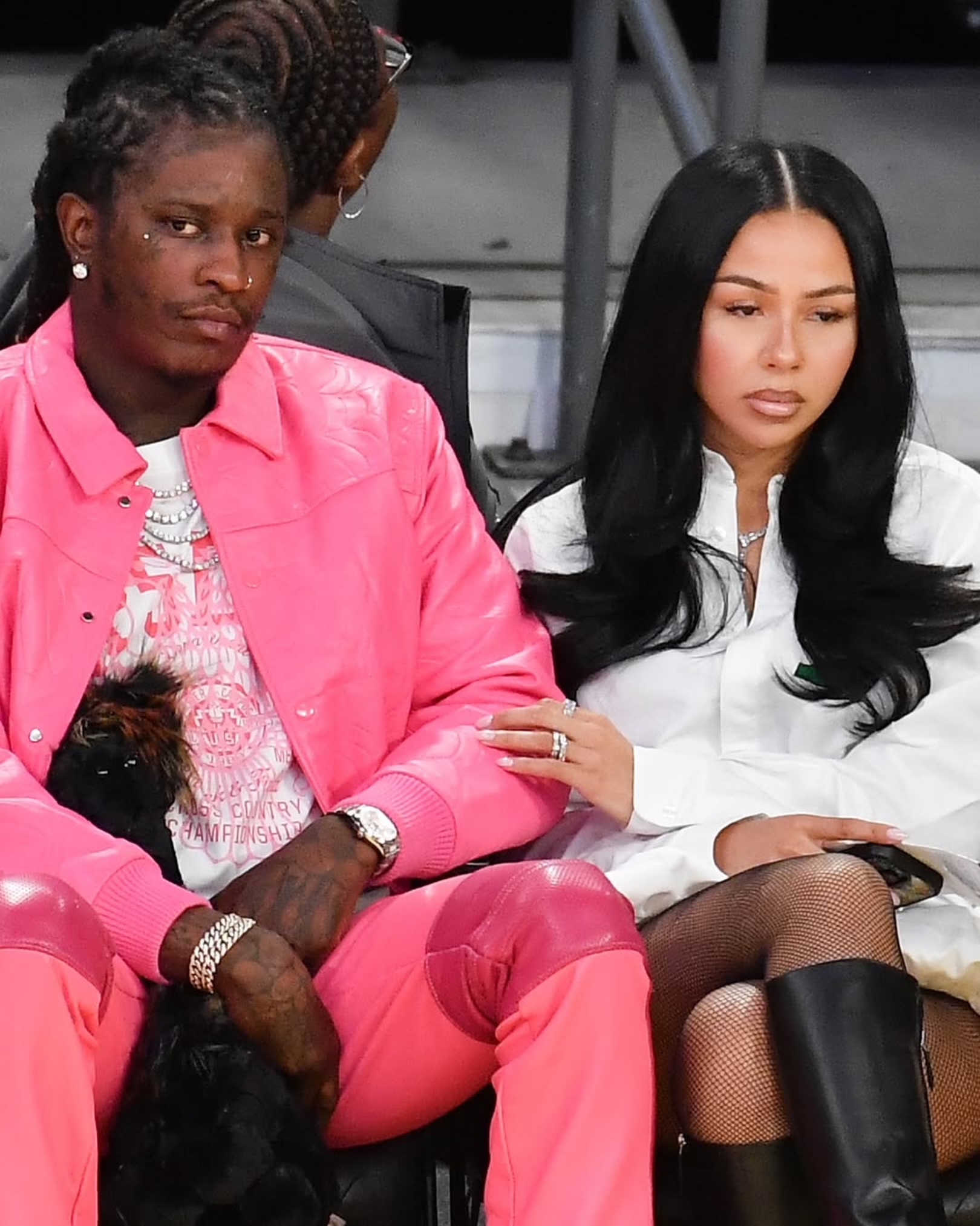 V 5Mariah The Scientists Courtside Basketball With Young Thug Wearing A 740 Coperni Gathered Hem Shirt Dress And Amina Muaddi Boots