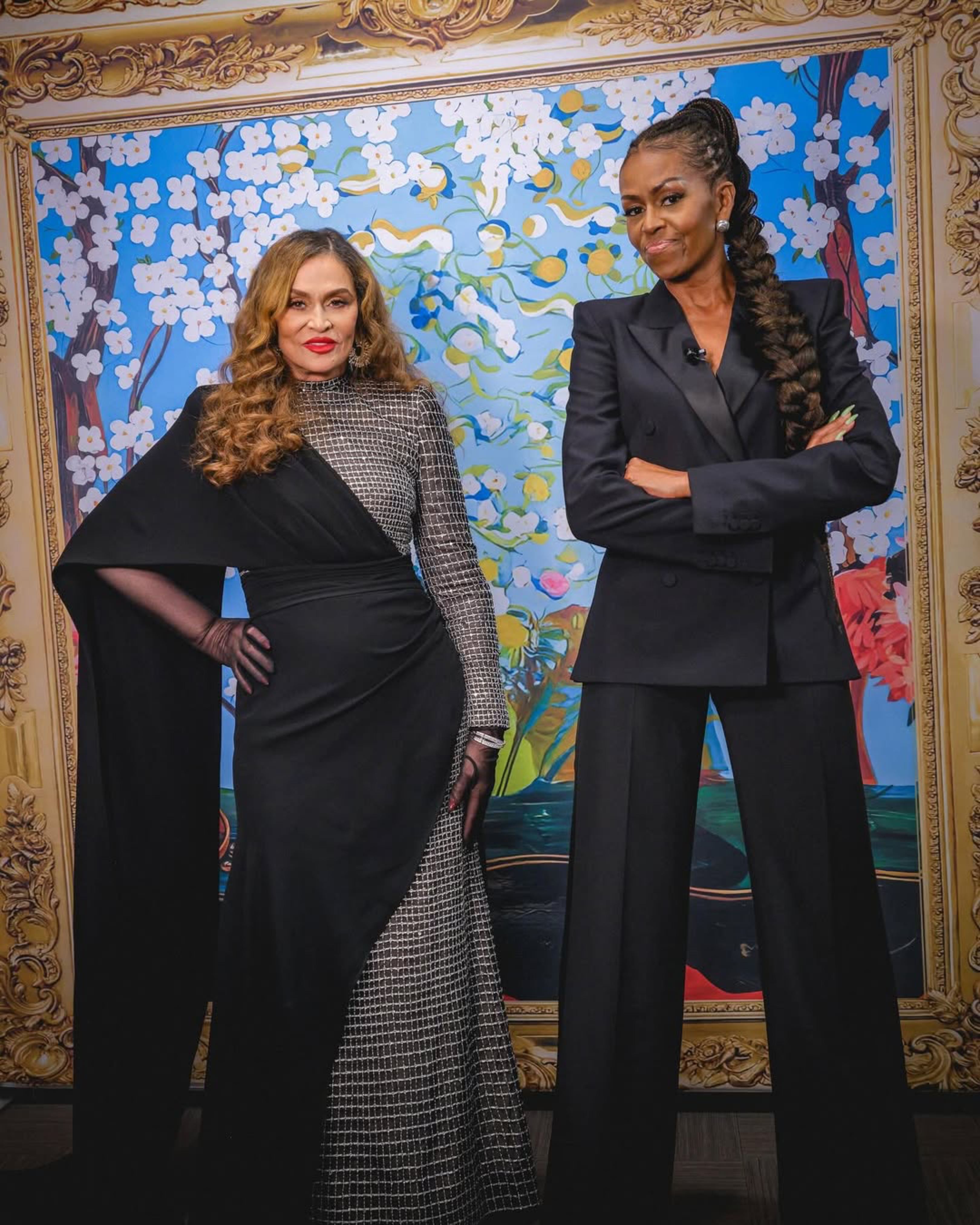 4 Michelle Obama And Tina Knowles Discuss Her Book Matriarch In An Alexander McQueen Black Suit And A Tony Ward Couture Silver And Black Gown