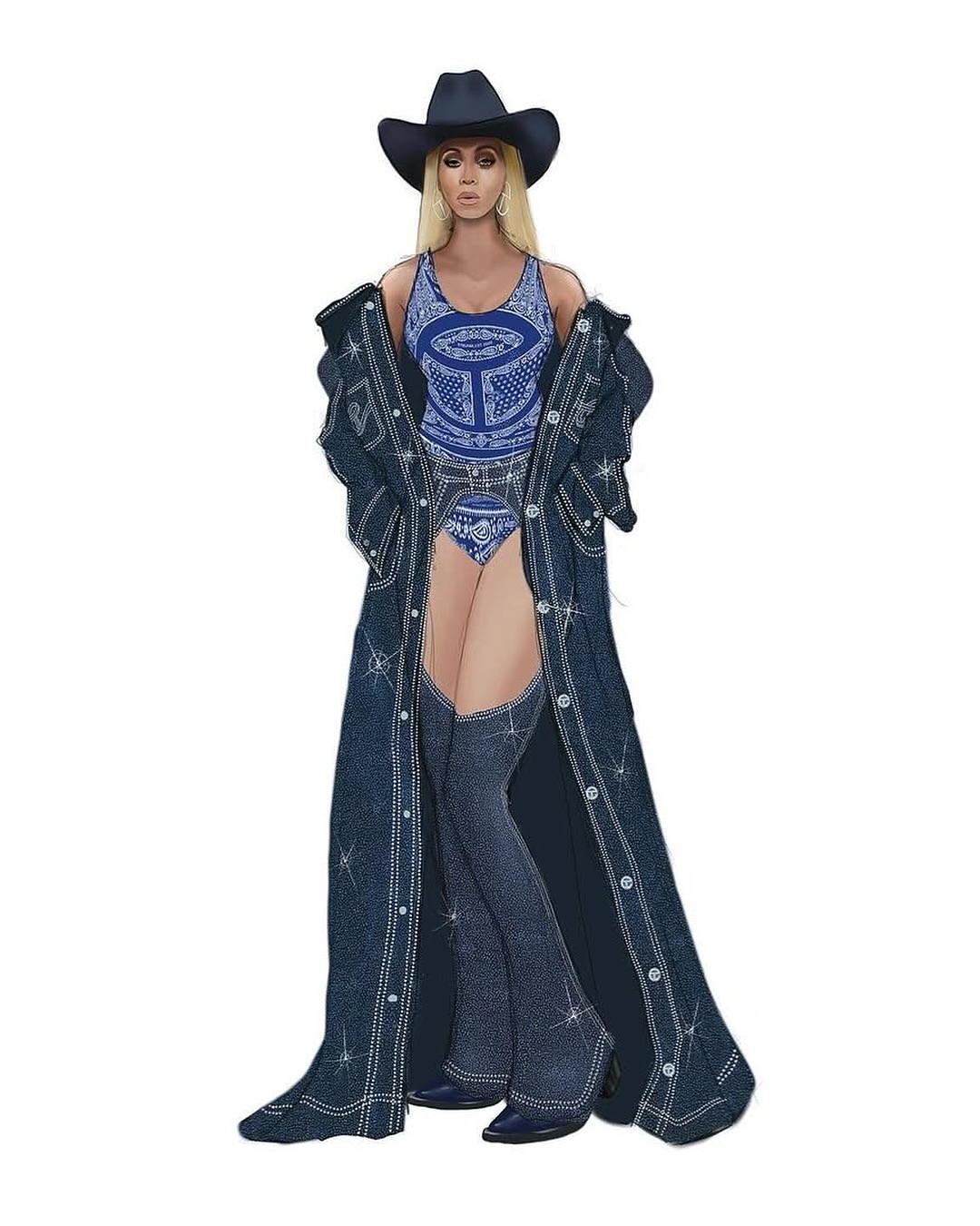 Beyonce Performed In A Blue Denim Telfar Set And Cobalt Blue Paisley Bodysuit On The Cowboy Carter Tour 2