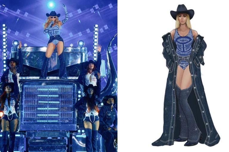 Beyonce Performed in a Blue Denim Telfar Set and Cobalt Blue Paisley Bodysuit on her Cowboy Carter Tour