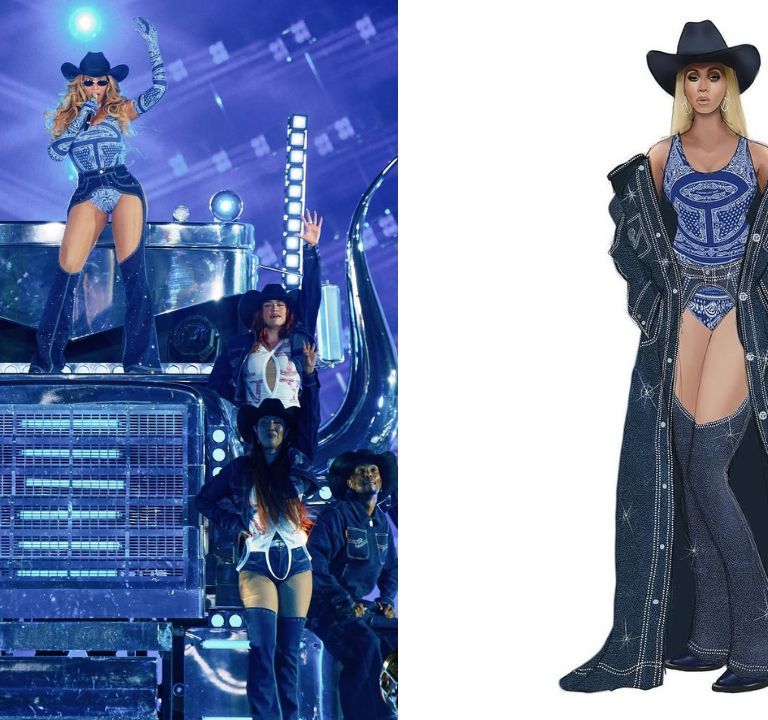 Beyonce Performed in a Blue Denim Telfar Set and Cobalt Blue Paisley Bodysuit on her Cowboy Carter Tour