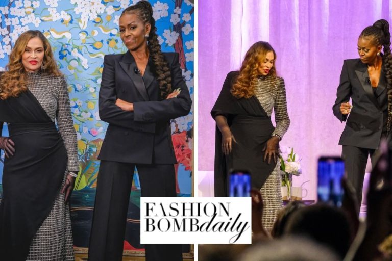 Michelle Obama and Tina Knowles Discuss  Her Book Matriarch in an Alexander McQueen Black Suit and a Tony Ward Couture Silver and Black Gown