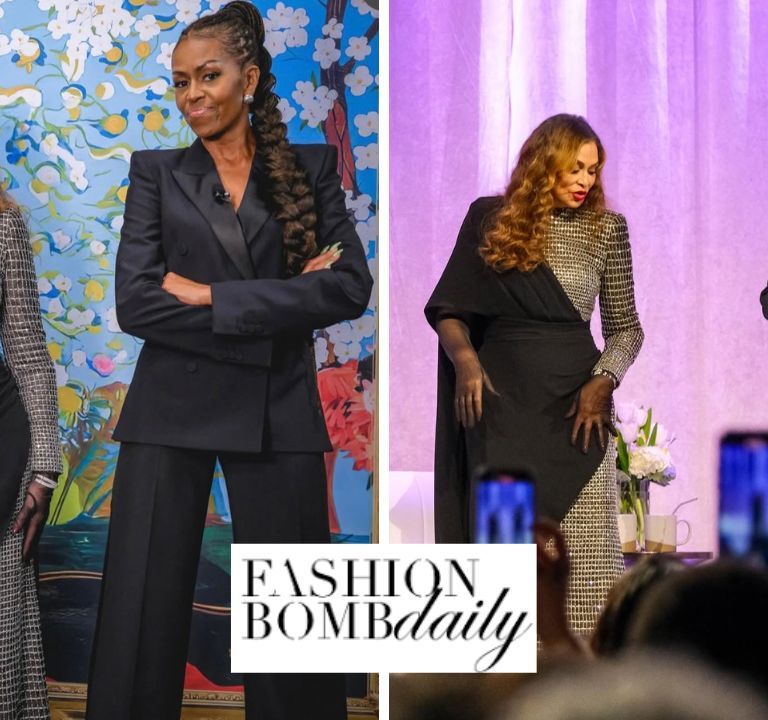 Michelle Obama and Tina Knowles Discuss  Her Book Matriarch in an Alexander McQueen Black Suit and a Tony Ward Couture Silver and Black Gown