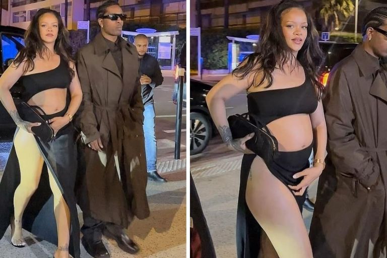 Rihanna Stepped Out in a Black Brandon Maxwell Cutout Dress with A$AP Rocky in a Brown Calvin Klein Trench Coat  in Cannes