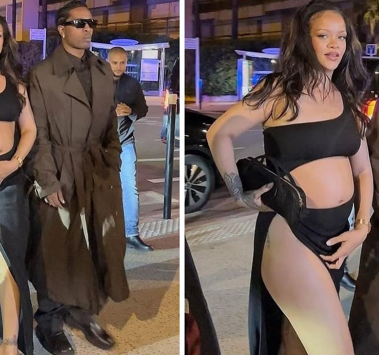 Rihanna Stepped Out in a Black Brandon Maxwell Cutout Dress with A$AP Rocky in a Brown Calvin Klein Trench Coat  in Cannes