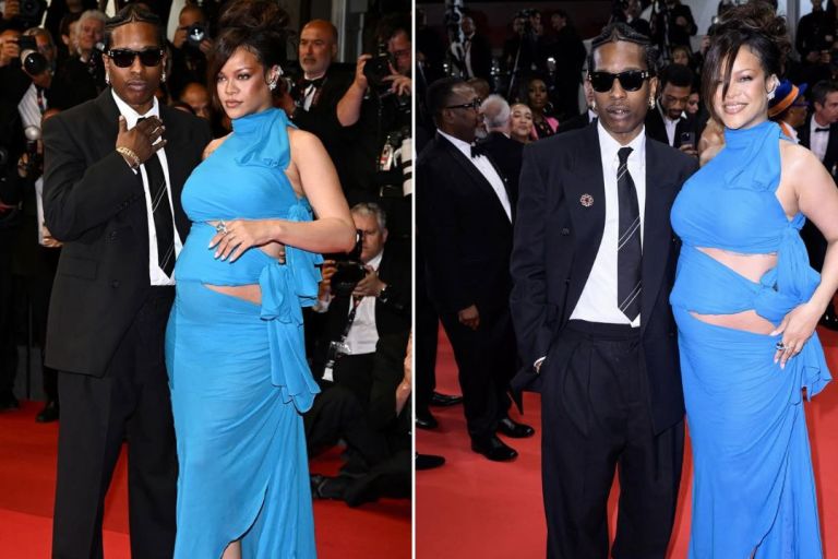 Rihanna Stunned in a Turquoise Alaia Cut-out Gown with Beau A$AP Rocky in a Black YSL Suit at the ‘Highest 2 Lowest’ Premiere in Cannes