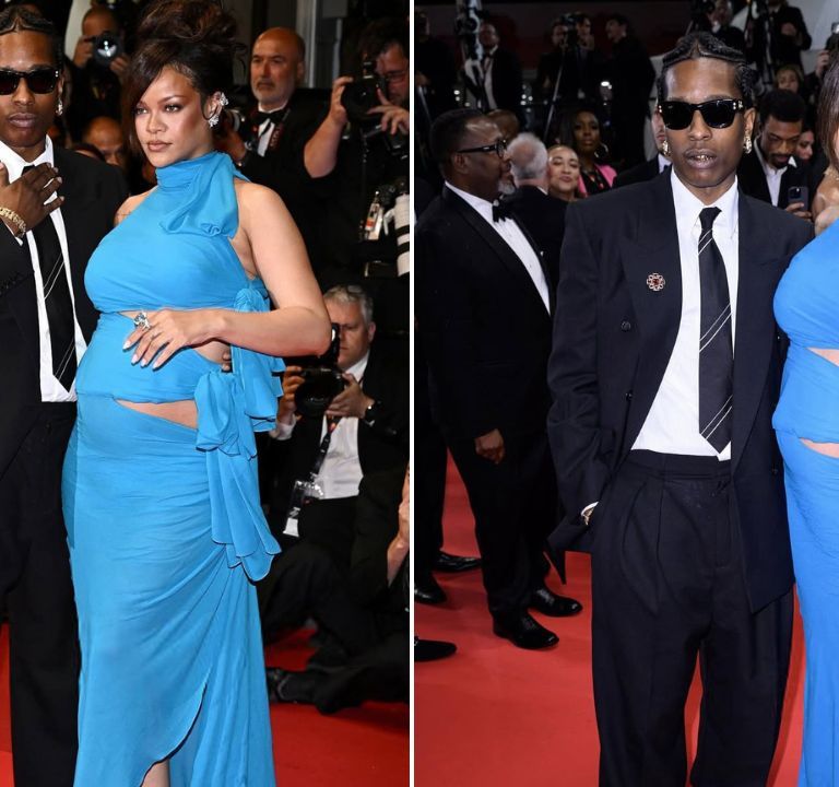 Rihanna Stunned in a Turquoise Alaia Cut-out Gown with Beau A$AP Rocky in a Black YSL Suit at the ‘Highest 2 Lowest’ Premiere in Cannes