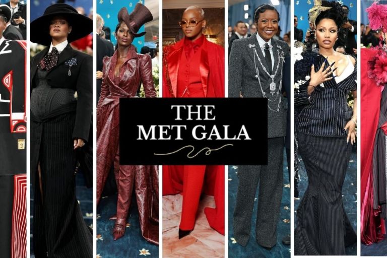 Top 10 Best-Dressed Celebs at the 2025 MET Gala: Janelle Monae in a Red and Black Thom Browne Tuxedo, Rihanna in a Black Marc Jacobs Look, Jodie Turner in a Maroon Burburry Leather Set, & Claire Sulmers in a Red Deji & Kola Custom Suit