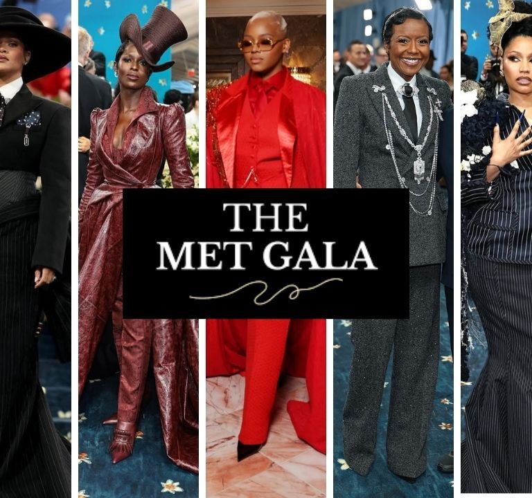 Top 10 Best-Dressed Celebs at the 2025 MET Gala: Janelle Monae in a Red and Black Thom Browne Tuxedo, Rihanna in a Black Marc Jacobs Look, Jodie Turner in a Maroon Burburry Leather Set, & Claire Sulmers in a Red Deji & Kola Custom Suit