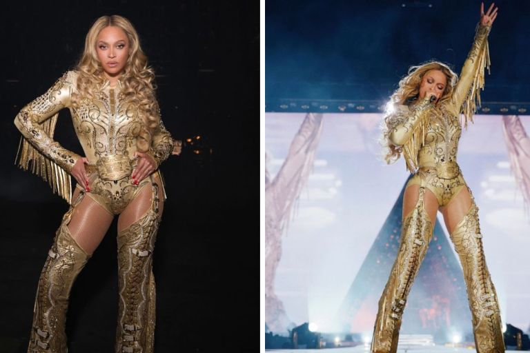 You ask, we answer! Beyonce Wore a Gold Custom Lindsey James Look on the Cowboy Carter Tour
