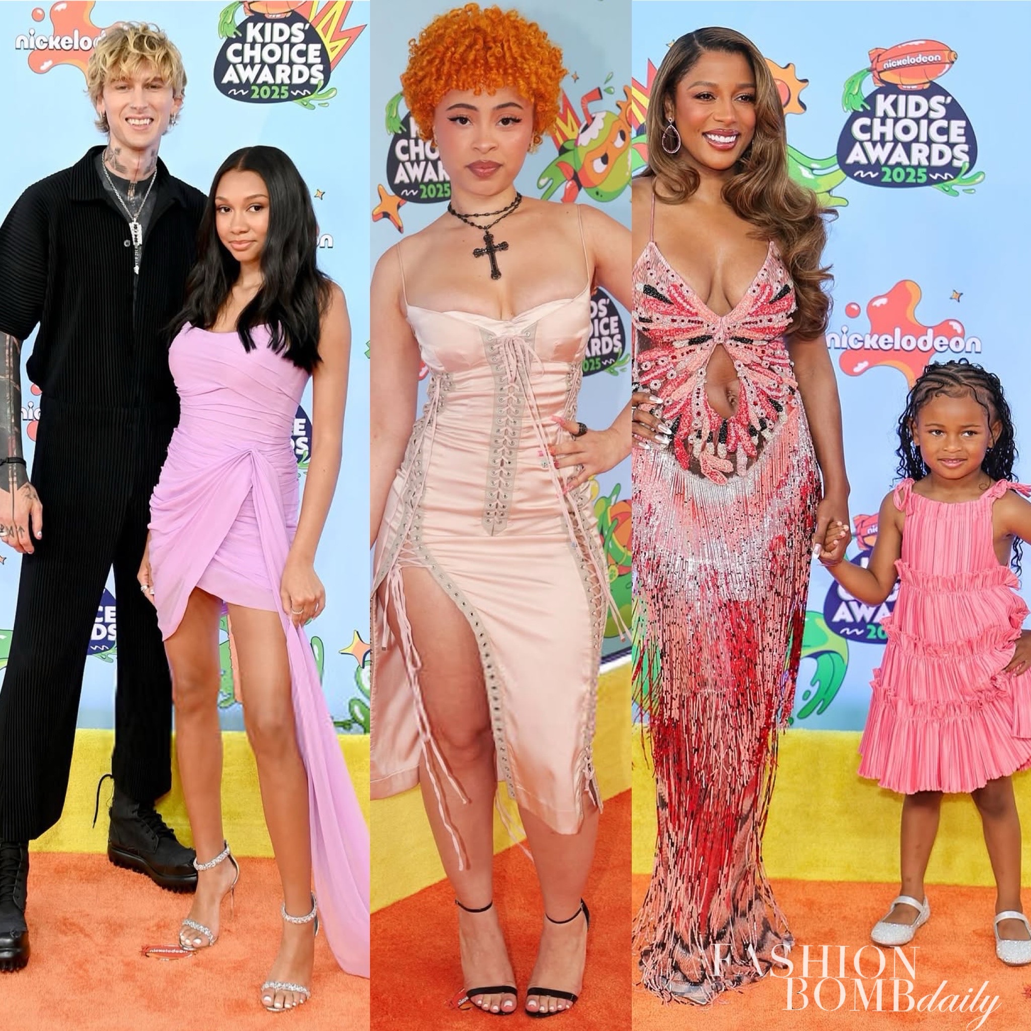 2 On The Scene At The 2025 Kids Choice Awards Victoria Monet In PatBo Ice Spice In Pink Dolce Gabbana Machine Gun Kelly In Issey Miyake 