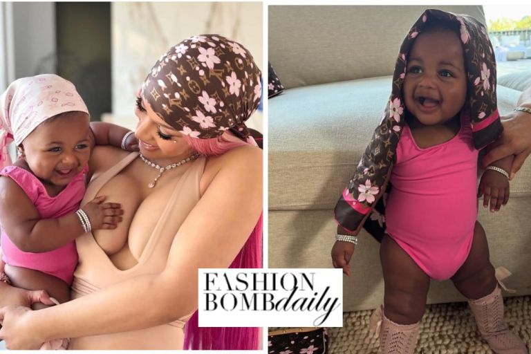 Cardi B Debuts Daughter Blossom in a Pink and Tan Louis Vuitton X Takashi Murakami Cherry Blossom Accessories