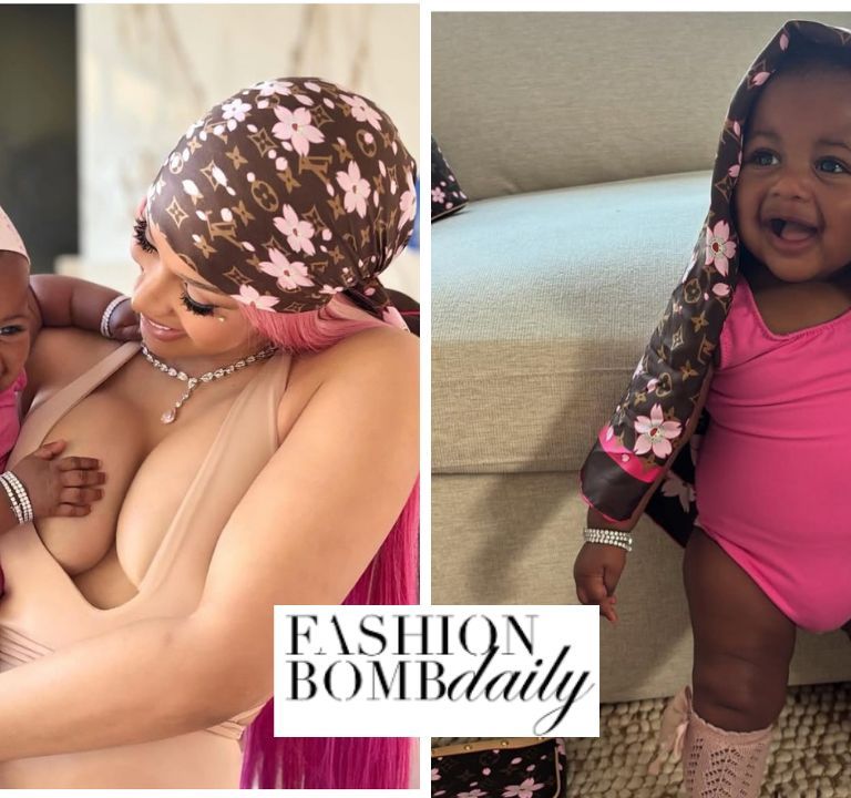 Cardi B Debuts Daughter Blossom in a Pink and Tan Louis Vuitton X Takashi Murakami Cherry Blossom Accessories