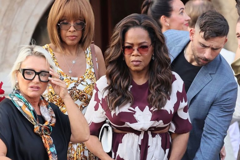 Oprah Winfrey and Gayle King Serve Elegant Style in Burgundy Printed Valentino and Chain Print Louis Vuitton at Jeff Bezos and Lauren Sanchez’s Venice Wedding