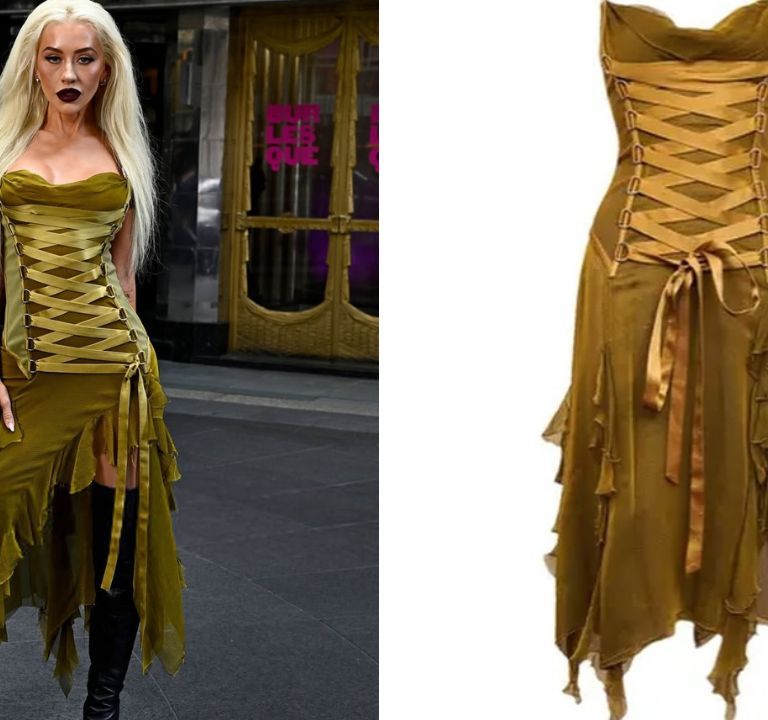 Christina Aguilera Promoted the New Burlesque Musical on Broadway in a Green Vintage Versace Dress