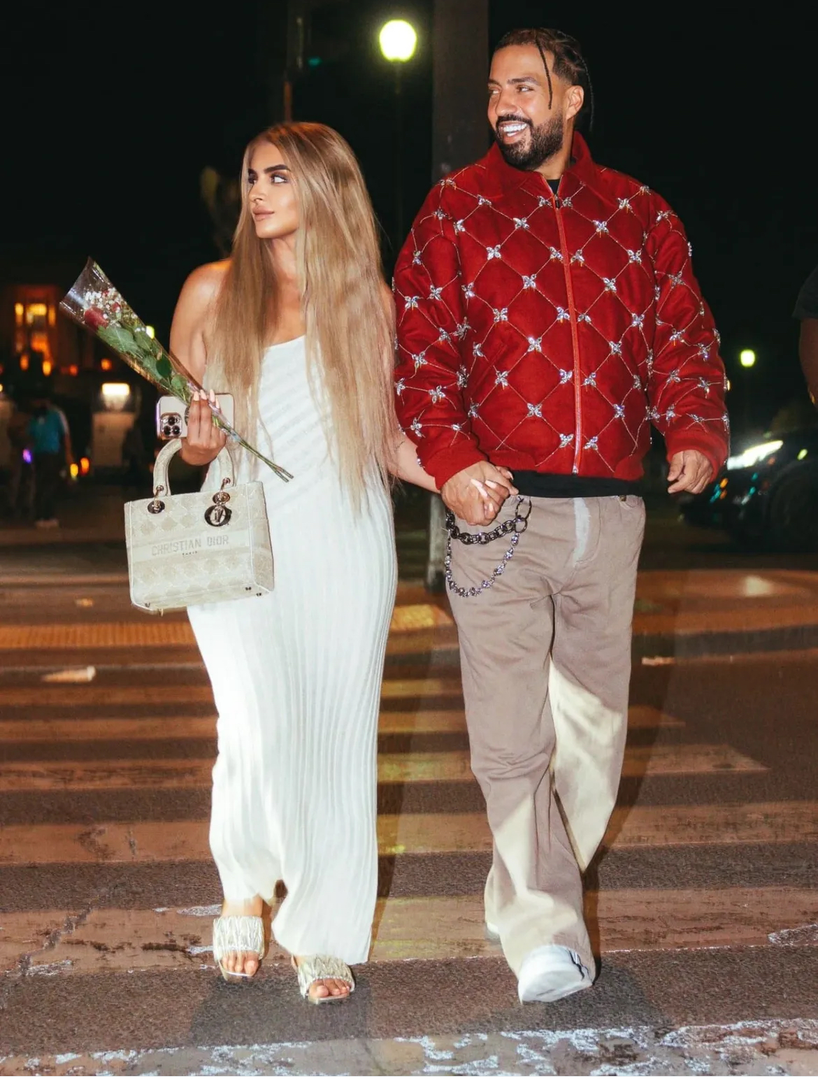 Fashion Bomb Couples French Montana Steps Out With The Princess Of Dubai In A Red Embellished Bomber Jacket 5