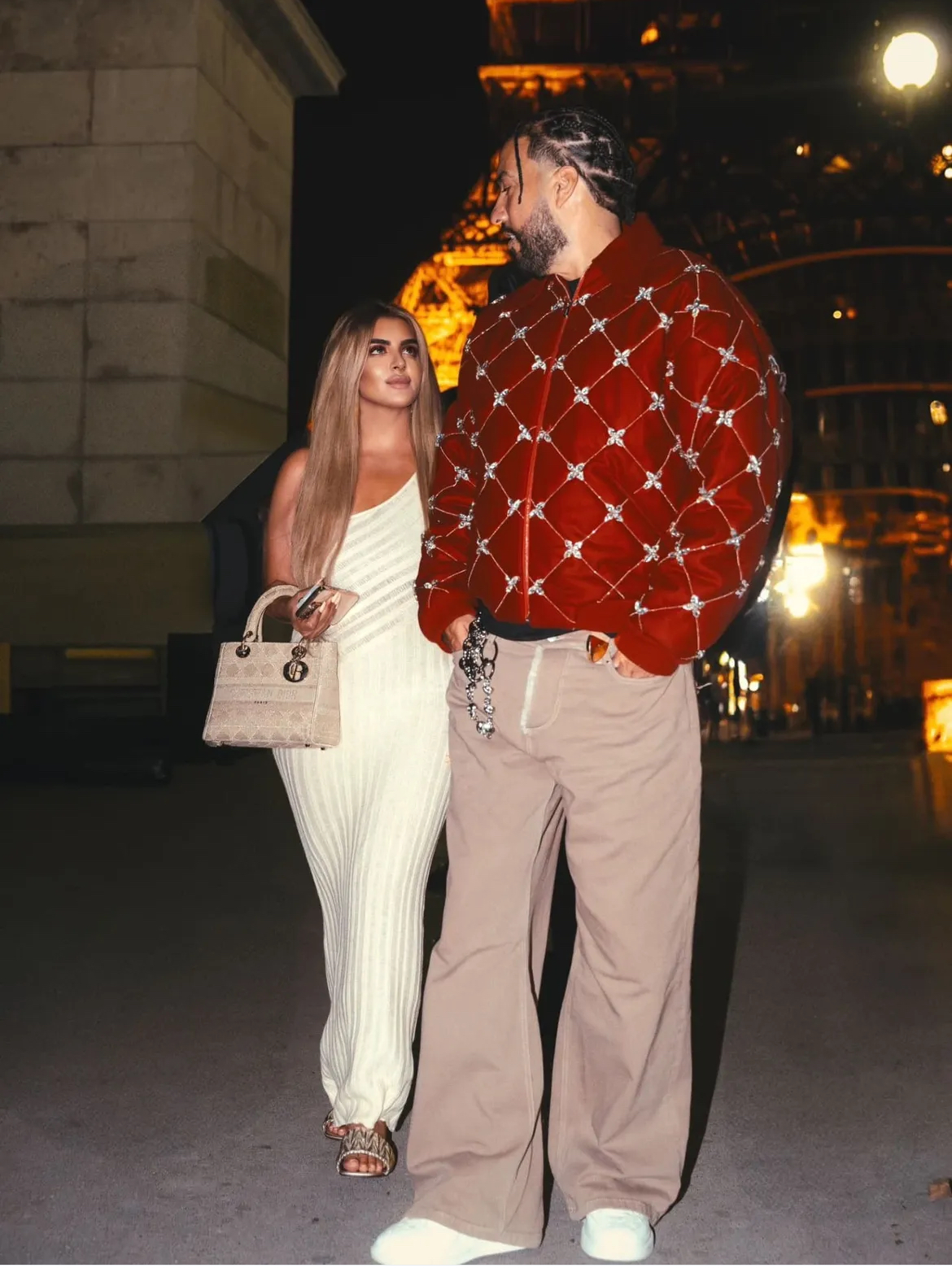 Fashion Bomb Couples French Montana Steps Out With The Princess Of Dubai In A Red Embellished Bomber Jacket