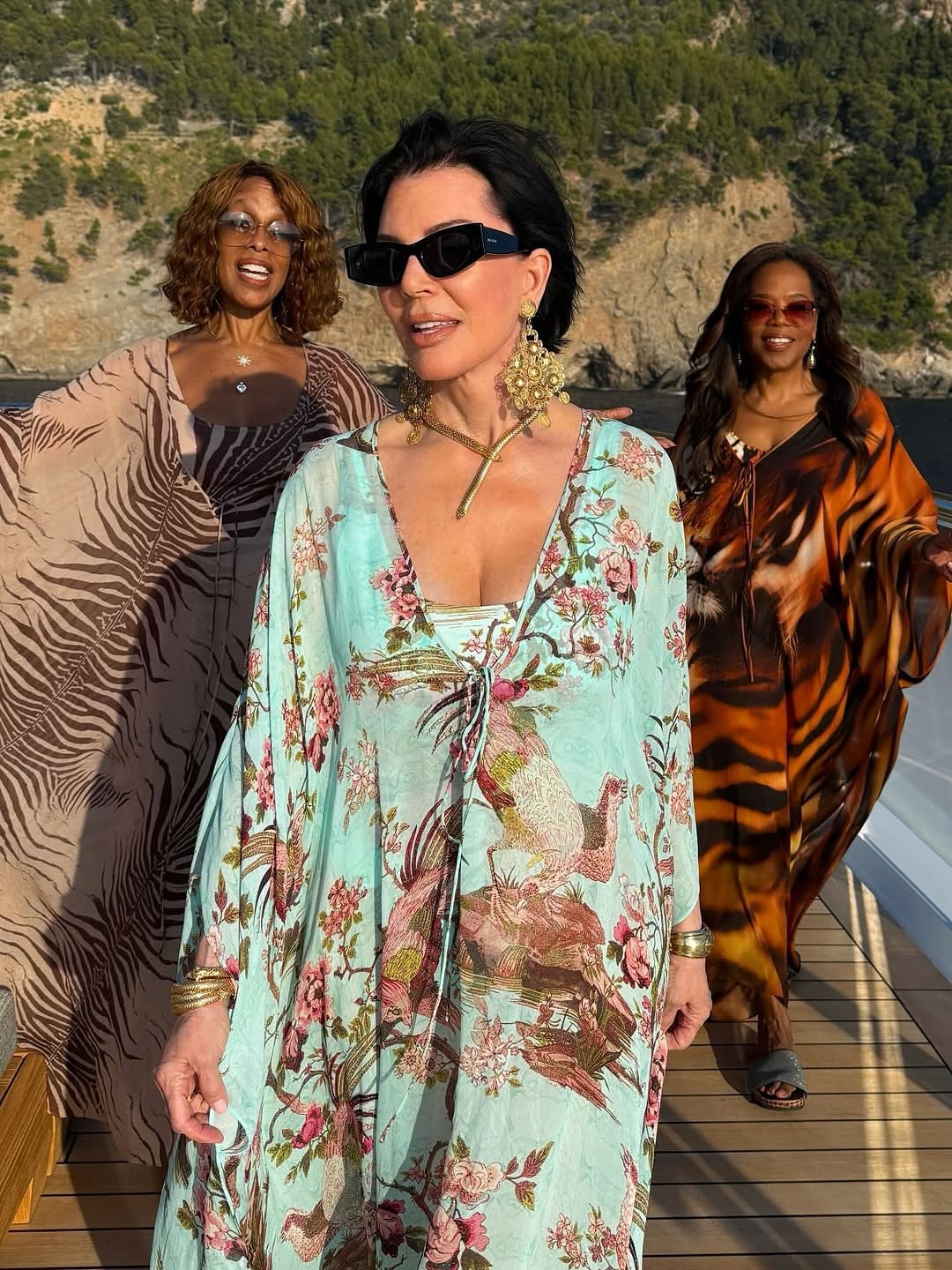 Oprah Kris Jenner And Gayle King Pose On A Yacht In Printed Skims X Roberto Cavalli Kaftans 3