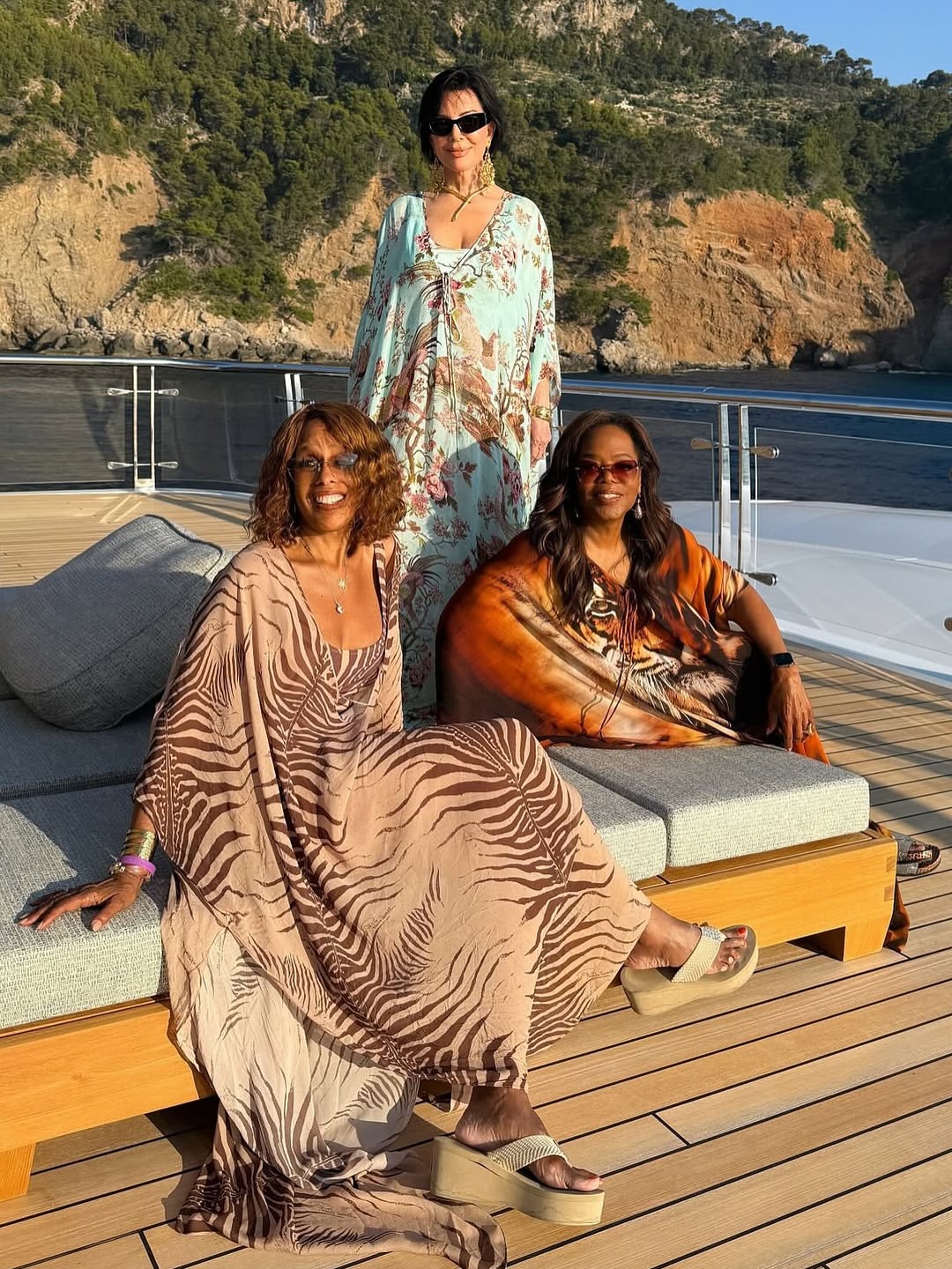 Oprah Kris Jenner And Gayle King Pose On A Yacht In Printed Skims X Roberto Cavalli Kaftans 5