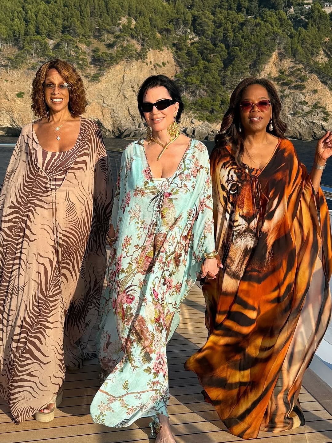Oprah Kris Jenner And Gayle King Pose On A Yacht In Printed Skims X Roberto Cavalli Kaftans 6