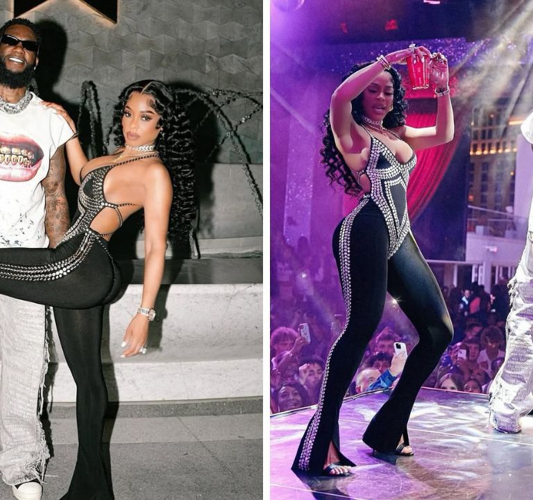 You Ask, We Answer! Keyshia Ka’Oir Posed in a Black Norma Kamali Studded Jumpsuit Alongside Hubby Gucci Mane