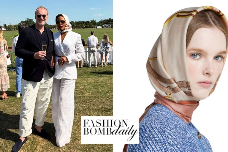 You Ask, we answer! Eve Posed with her husband in a White Chloe Linen Suit with a $540 Equestrian-print Gucci Scarf