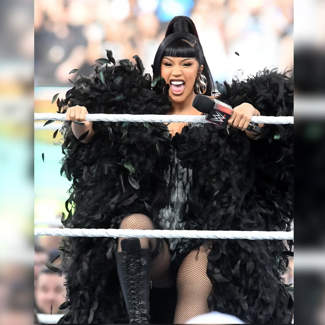 Cardi B Stuns In Custom Black Feather Corset Dramatic Cape And Le Silla Boots For WWE Performance Of Hello Image 1754342928 2