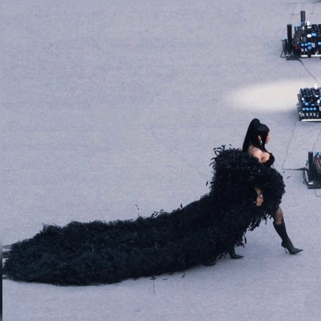 Cardi B Stuns In Custom Black Feather Corset Dramatic Cape And Le Silla Boots For WWE Performance Of Hello Image 1754342928 3
