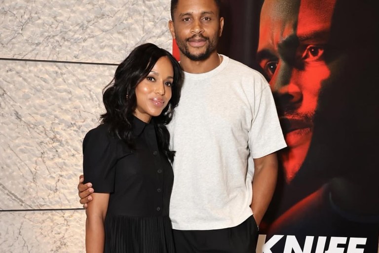 Kerry Washington Wears Black Tory Burch Dress with Desert Beige and Orange Prada Galleria Bag at The Knife Screening