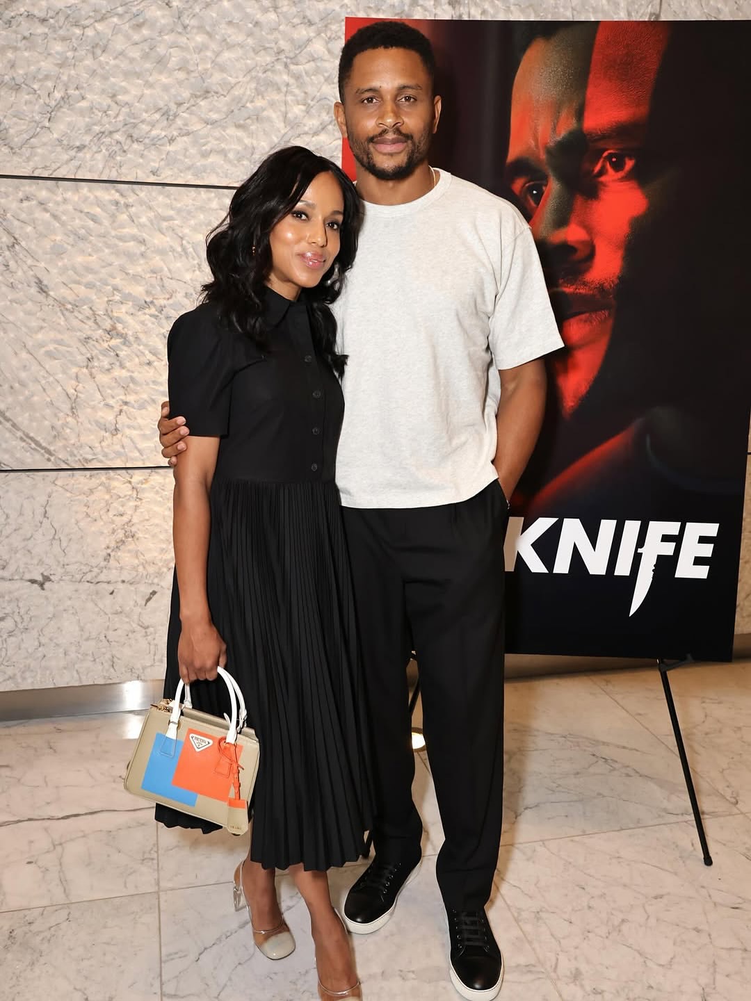 Kerry Washington Wears Black Tory Burch Dress With Desert Beige And Orange Prada Galleria Bag At The Knife Screening Image 1755279924 1