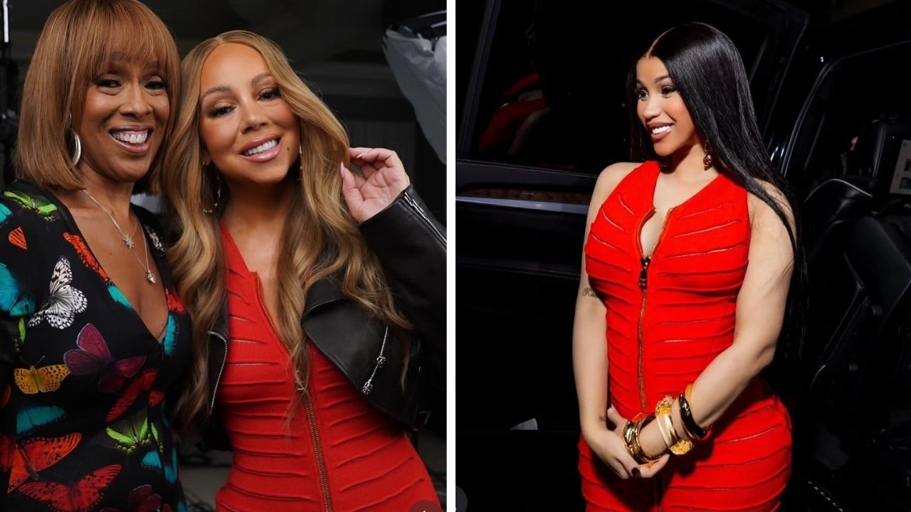Celebs Love Mariah Carey And Cardi B Both Spotted In Red 2900 Balmain Knitted Maxi Dress Feat 1