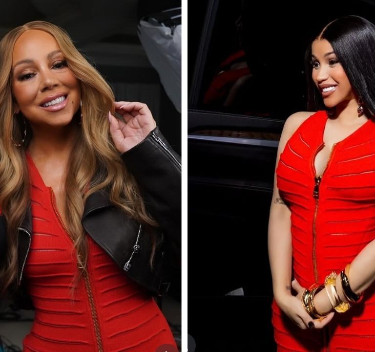 Celebs Love: Mariah Carey and Cardi B Both Spotted in Red $2,900 Balmain Knitted Maxi Dress