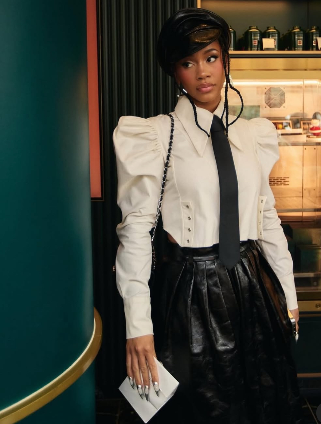 Saweetie Attended London Fashion Week In A Red Richard Quinn Dress A White Tolu Coker Cropped Top With Black Glossy Culottes 1