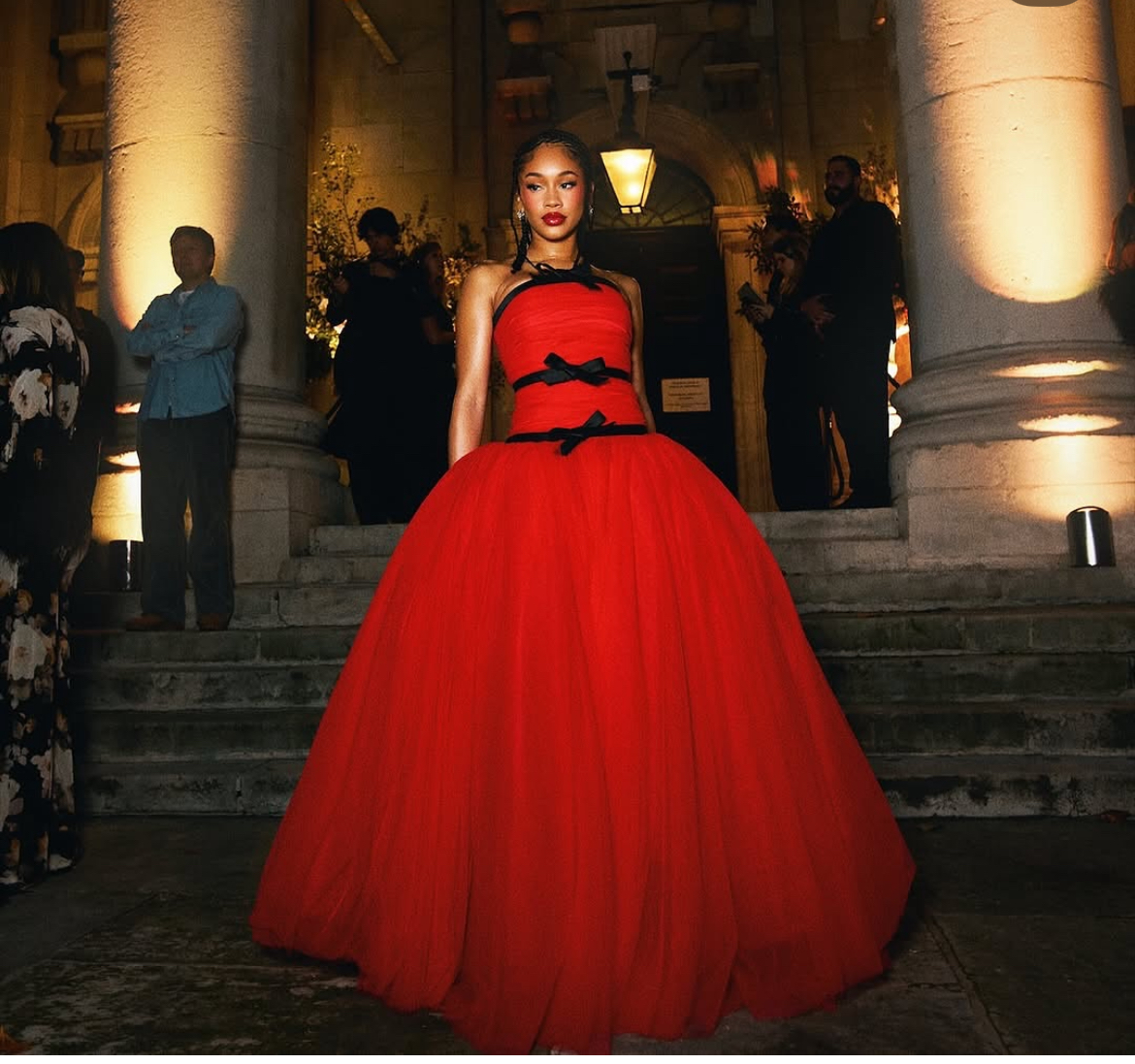 Saweetie Attended London Fashion Week In A Red Richard Quinn Dress A White Tolu Coker Cropped Top With Black Glossy Culottes 5