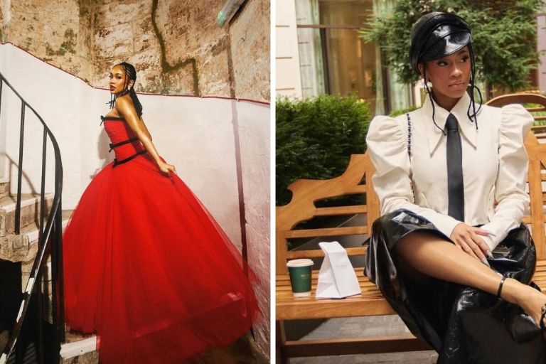 Saweetie Attended London Fashion Week in a Red Richard Quinn Dress + a White Tolu Coker Cropped Top with Black Glossy Culottes