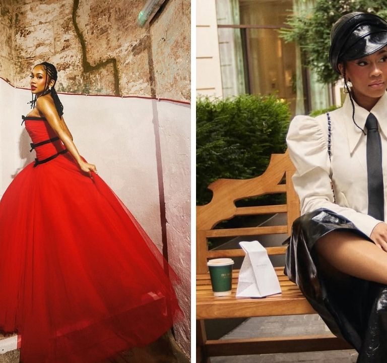 Saweetie Attended London Fashion Week in a Red Richard Quinn Dress + a White Tolu Coker Cropped Top with Black Glossy Culottes