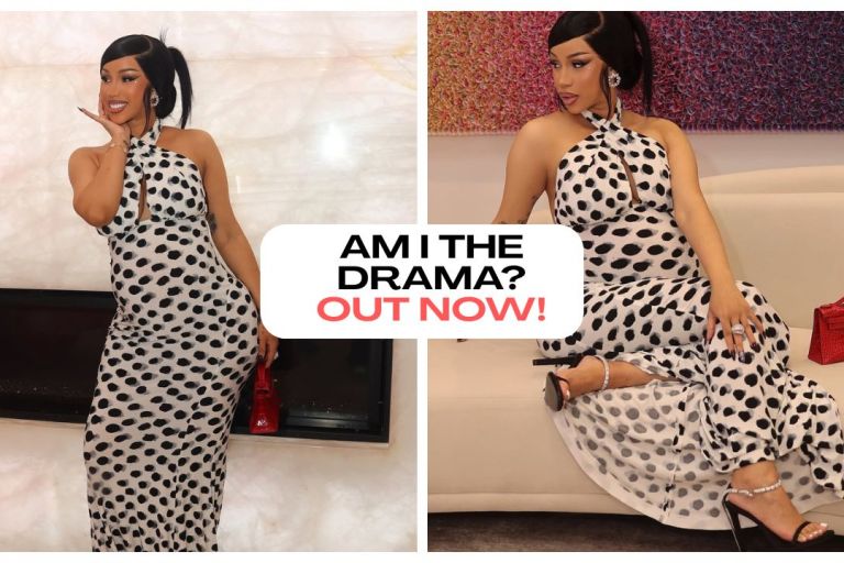Cardi B Stuns in a Black and White Norma Kamali Cross Halter Fishtail Gown for Instagram Photoshoot