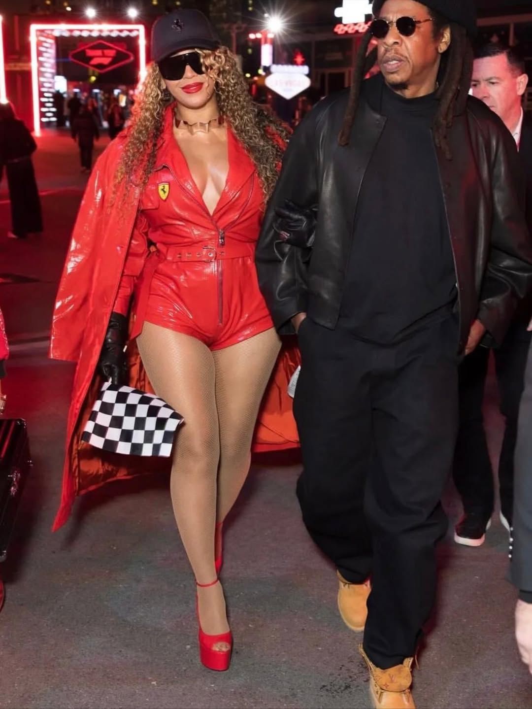 90 Beyonce And Jay Z Attend Formula 1 Las Vegas Grand Prix In Ferrari Red Leather And Racing Inspired Louis Vuitton
