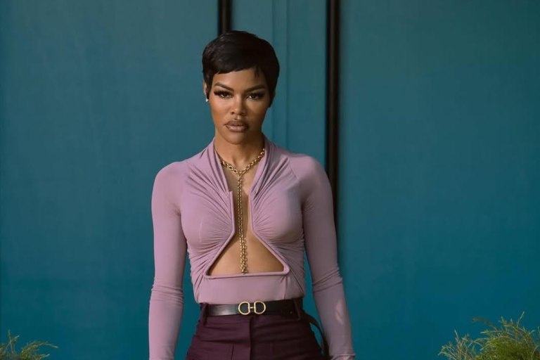 Hulu’s All’s Fair Fashion : Teyana Taylor in a Blush Rick Owens Cut-Out Top and Plum Victoria Beckham Trousers