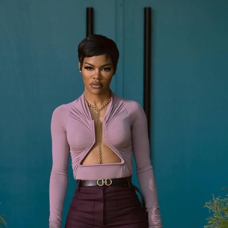 Hulu’s All’s Fair Fashion : Teyana Taylor in a Blush Rick Owens Cut-Out Top and Plum Victoria Beckham Trousers
