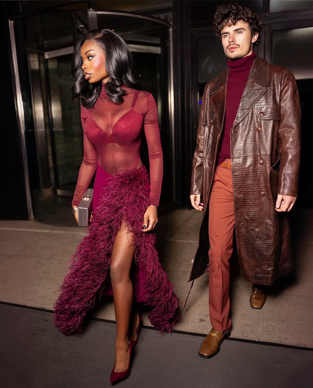 Olandria Carthen Coordinated With Beau Nicolas Vansteenberghe In A Maroon Bronx And Banco Look With Femme LA Heels 1