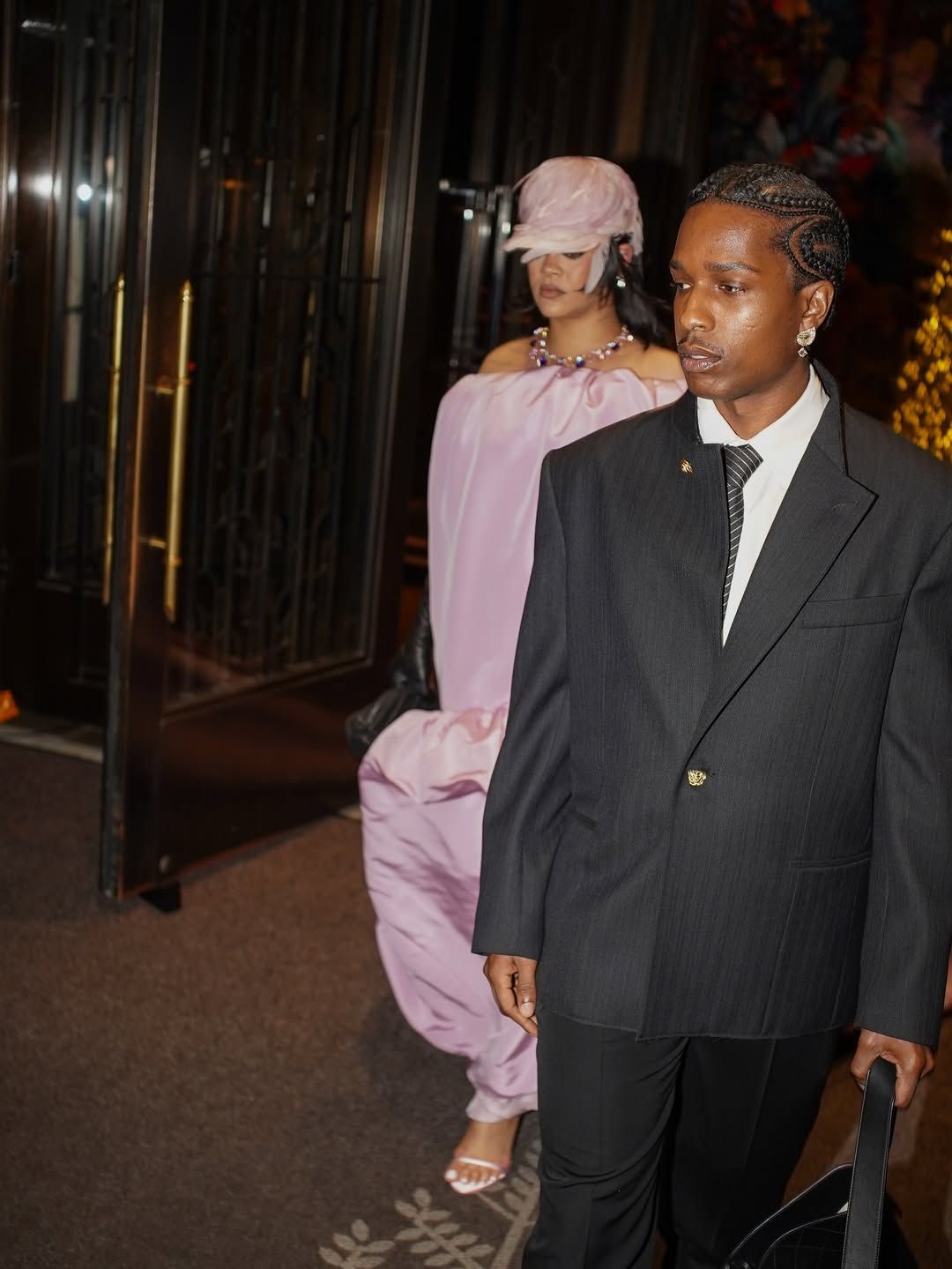 Fashion Bomb Couple AAP Rocky Rihanna Step Out To The Gotham Awards In A Black Chanel Suit And A Pink Off The Shoulder Balenciaga Gown 1