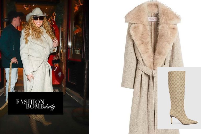 Mariah Carey Wore a Nude Valentino Coat with Gucci Boots in Aspen for the X-Mas Season